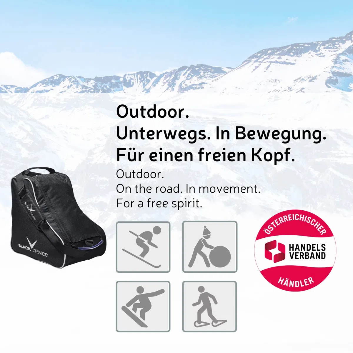 Black Crevice Sac pour Chaussures de Ski de Fond & Accessoires I avec Grande Ouverture & Fermeture éclair I Oeillets d'aération au Fond I 100% Polyester I Dimensions : 40x36x26cm