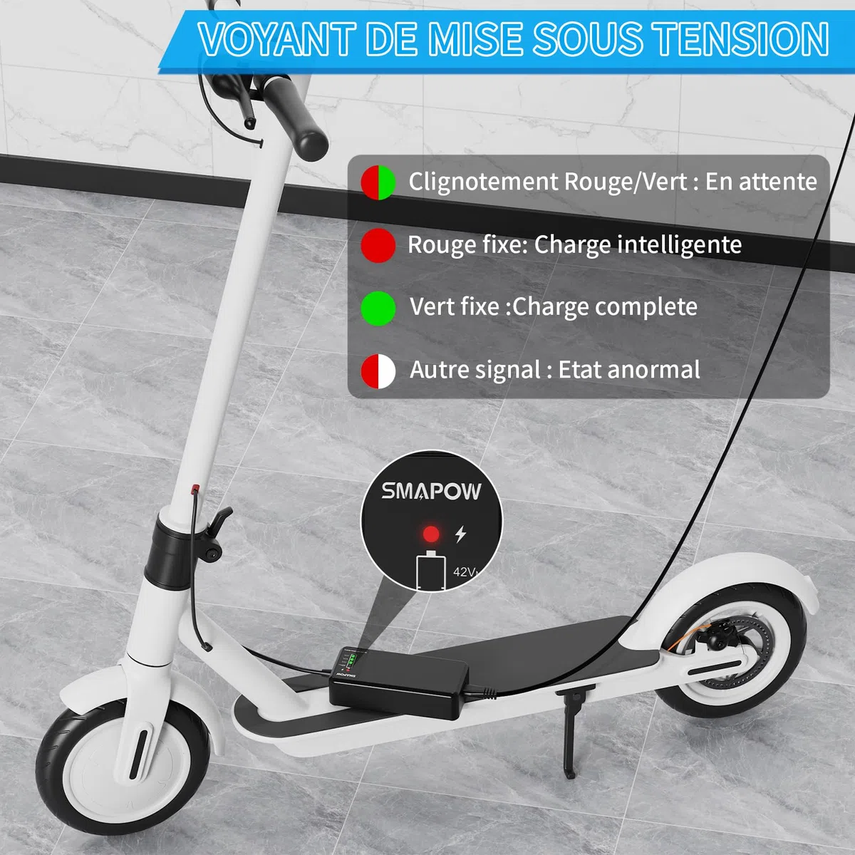 Chargeur Intelligent 42V pour Trottinette Électrique -2A, 5 Connecteurs | SMAPOW – Maximise capacité & cycles– Chargeur Compatible avec 99% des trottinettes 36V lithium : Xiaomi, Ninebot et plus
