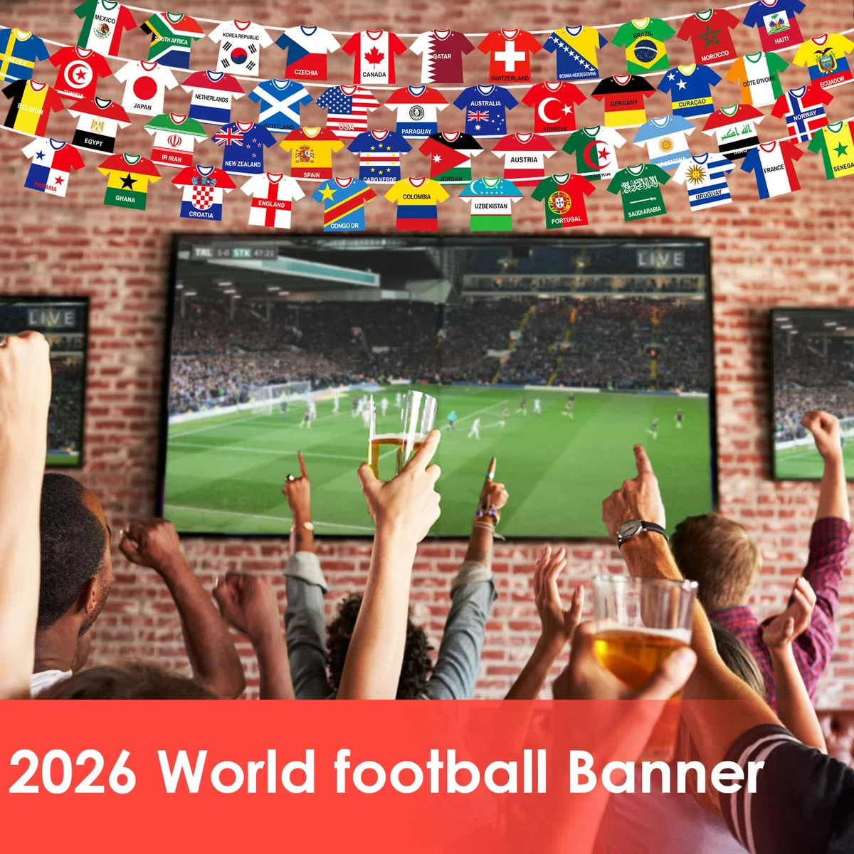 AhfuLife Guirlande Maillot Coupe du Monde 2026, 2 Pièces Guirlande Maillot Décorative 48 Nations, Réutilisable en Banderole Papier, Décoration Soirée Visionnage Football Intérieur et Extérieur