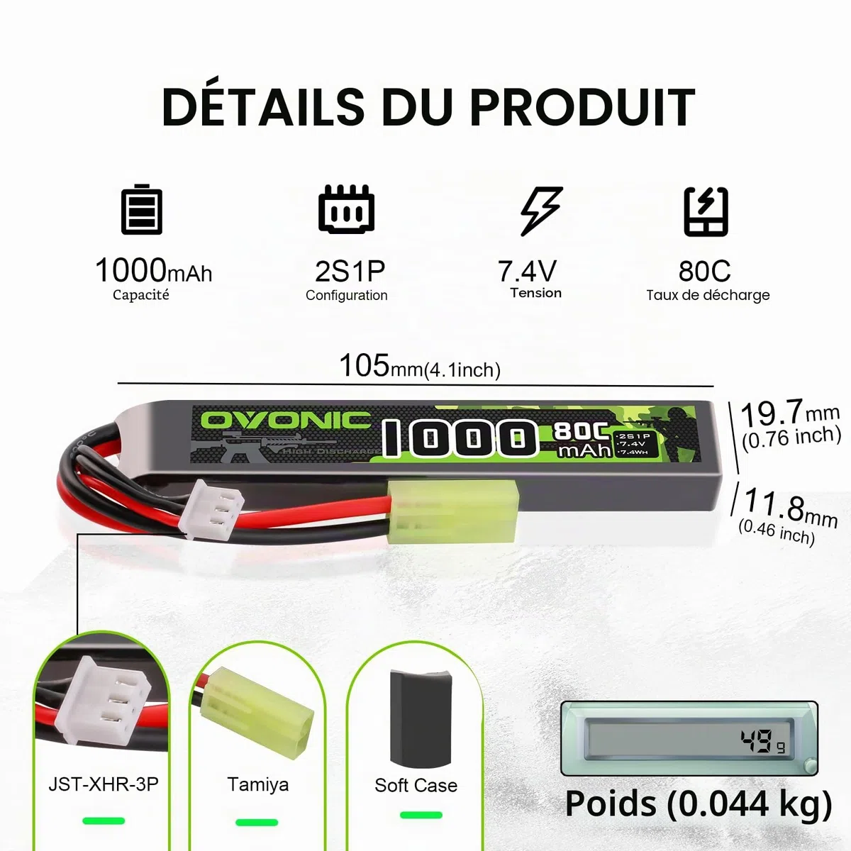 OVONIC Lot de 2 batteries Lipo 2S 7,4 V 80 C 1000 mAh Airsoft Lipo avec mini prise TMY pour pistolets Airsoft