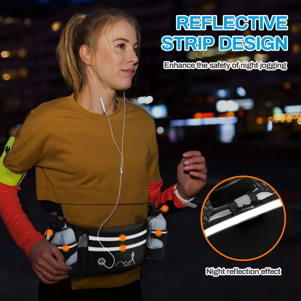 Ceinture de Course Running Belt Sac Banane de Sport Ceinture d'hydratation avec 2 gourdes Sac de Taille réfléchissant pour Smartphones, clés pour Marathon, l'entraînement, la randonnée (Noir)