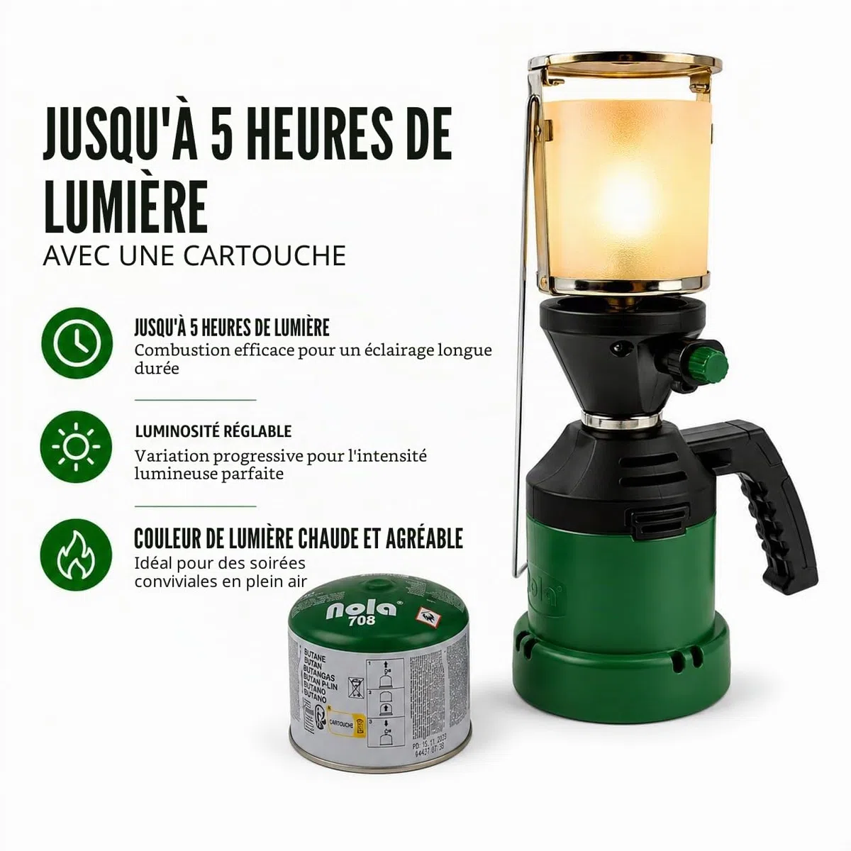 Nola 930 Lampe à gaz avec cartouche de gaz de 190 g et 3 chaussettes à incandescence – Cartouches de gaz, lampe de camping, cartouche de gaz butane, lanterne à gaz extérieur, lampe à cartouche de gaz