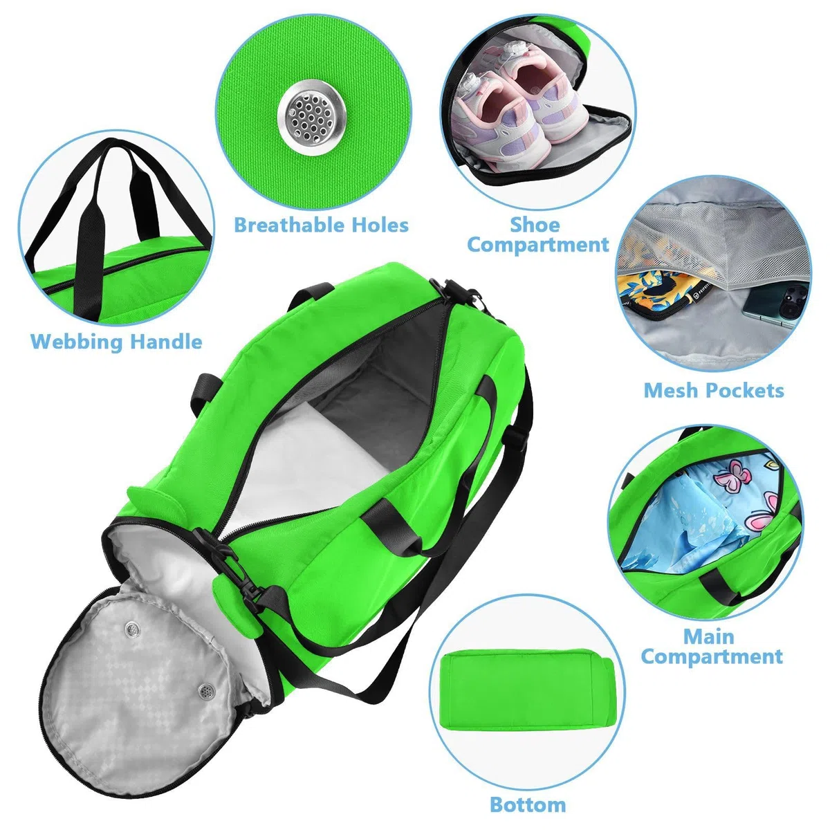 Sac de sport vert fluo avec compartiment à chaussures de grande capacité pour voyage, sport, week-end
