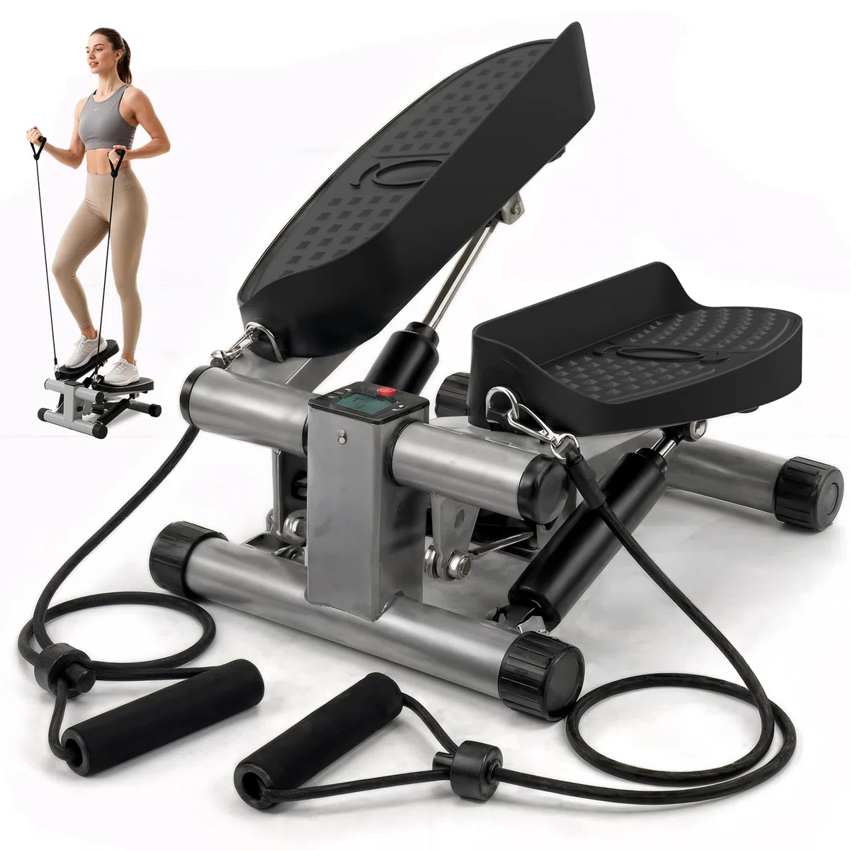 Niceday Mini Stepper 2-en-1 Silencieux - Appareil Fitness Hydraulique avec Bandes de Résistance & Écran LCD. 100% Pré-assemblé (Zéro Montage), Compact pour Appartement (Max 100 kg)