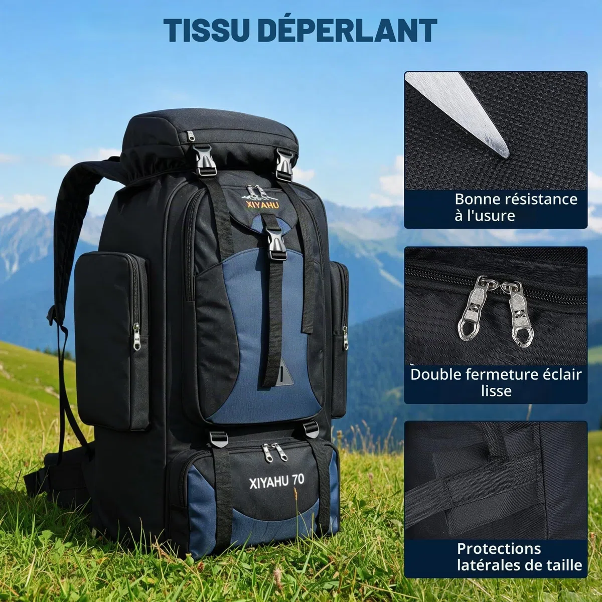 Sac à Dos de Randonnée Camping 70L Imperméable Ultraléger Grand Sac à Dos Trekking Homme Femme Sac Tactique Voyage Multifonction pour Voyage Alpinisme Escalade et Sports de Plein Air