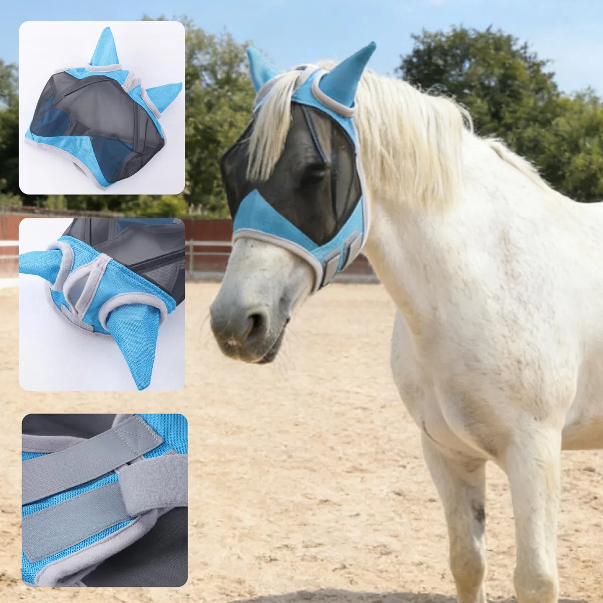 Masque Anti-Mouches pour Chevaux, avec Protection pour Les Oreilles, Protection Anti-UV, Maille Respirante, Large Espace pour Les Yeux, Trou pour Le Toupet, sans Frottement, Bleu Lac Large