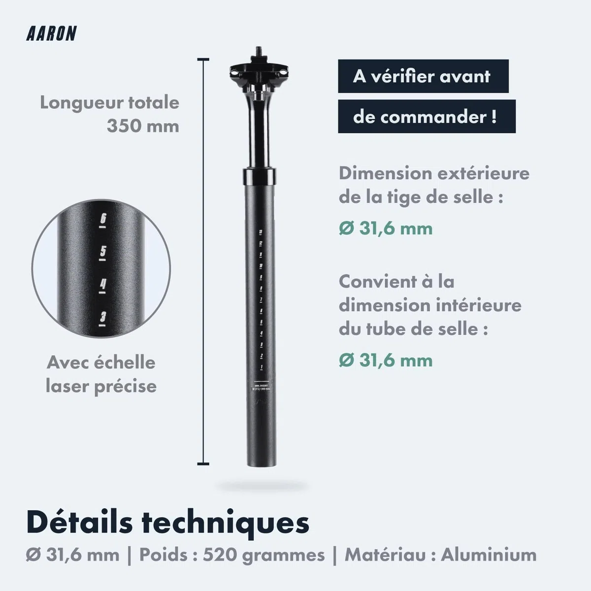 AARON Shock Tige de selle à ressort de 27,2, 30,9 ou 31,6 mm de diamètre – Tige de selle à ressort en aluminium de 350 mm de long – Tige de selle de vélo à suspension pour vélo électrique, VTT