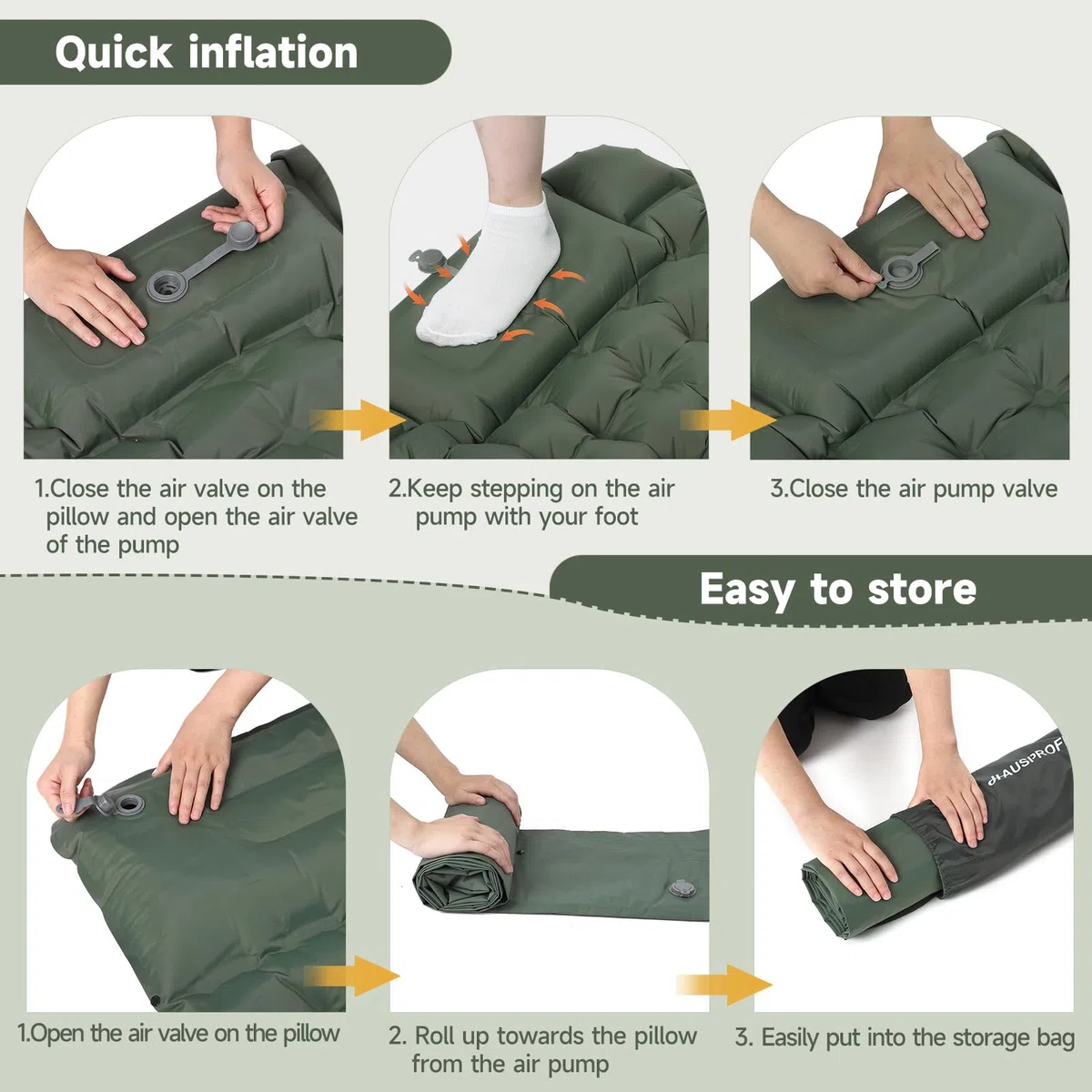 HAUSPROFI Matelas isolant de camping, 10 cm, ultra léger, avec pompe à pied et coussin, matelas gonflable compact et léger, tapis de camping pour randonnée, plage, extérieur, vert armée