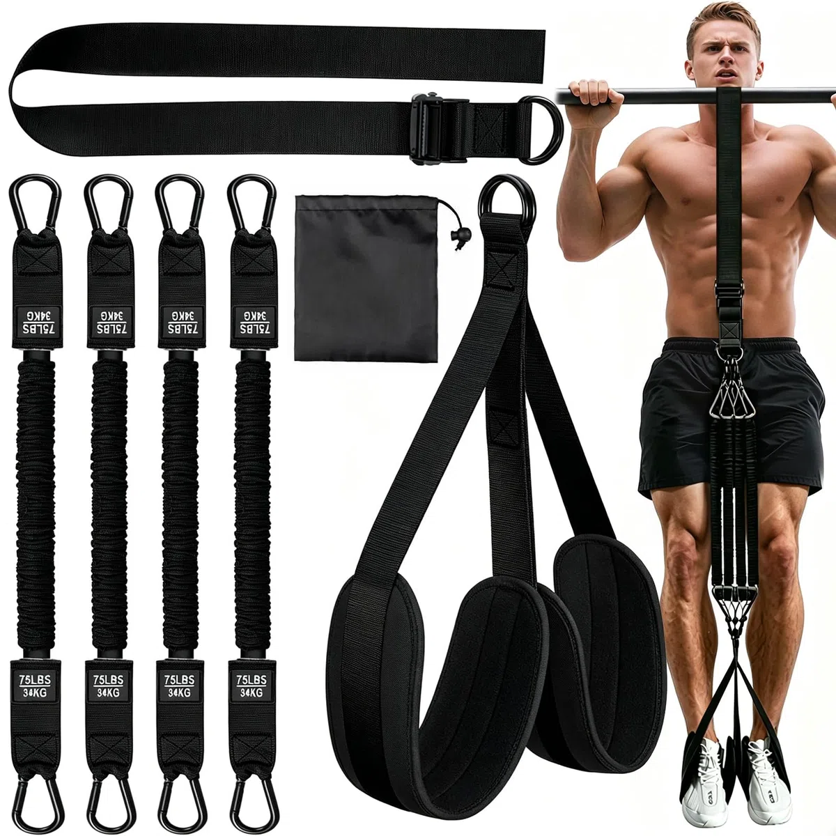 Bande de Traction avec 4 Bandes Elastique de Résistance 75-300Lbs, Réglables Hauteur, Elastique Musculation pour Tractions pour Les Débutants, La Musculation