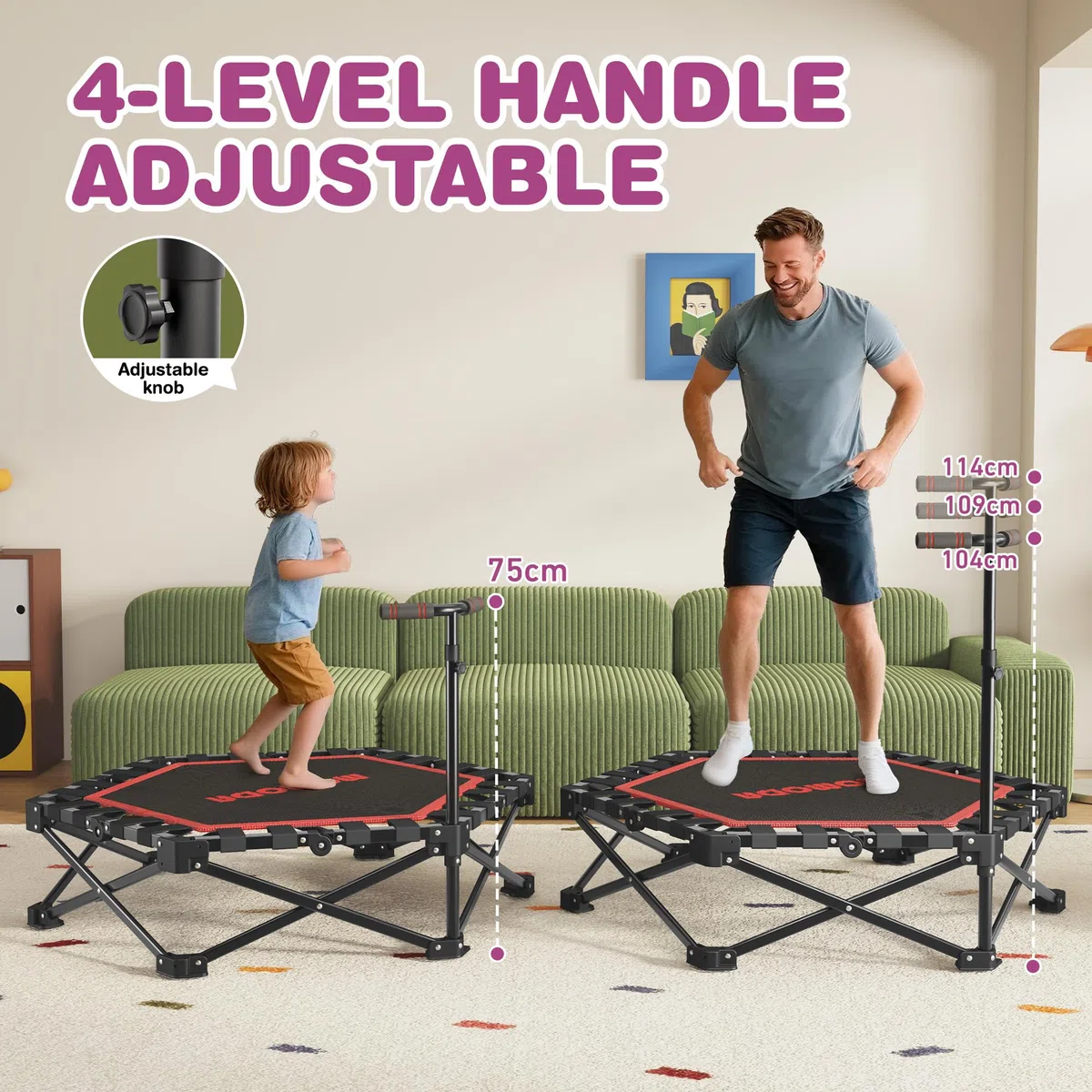 MOMODA Mini Trampoline de 76,2 cm/114,3 cm pour Enfants et Adultes, Trampoline d'exercice Pliable avec poignée, Charge maximale de 90,7 kg