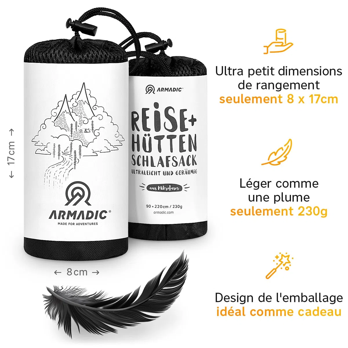 Sac de couchage Nomadic - Très léger, fin et compact Sac de couchage - Ultra léger, mince, petit - Idéal pour les auberges et les chalets de montagne