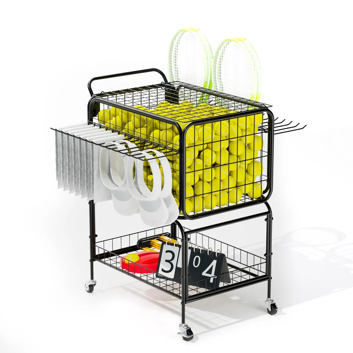 Chariot à balles de tennis, support de raquette de tennis, pour 350 balles, chariot chariot à roulettes, panier à linge, chariot utilitaire extra large pour le rangement d'équipements de sport