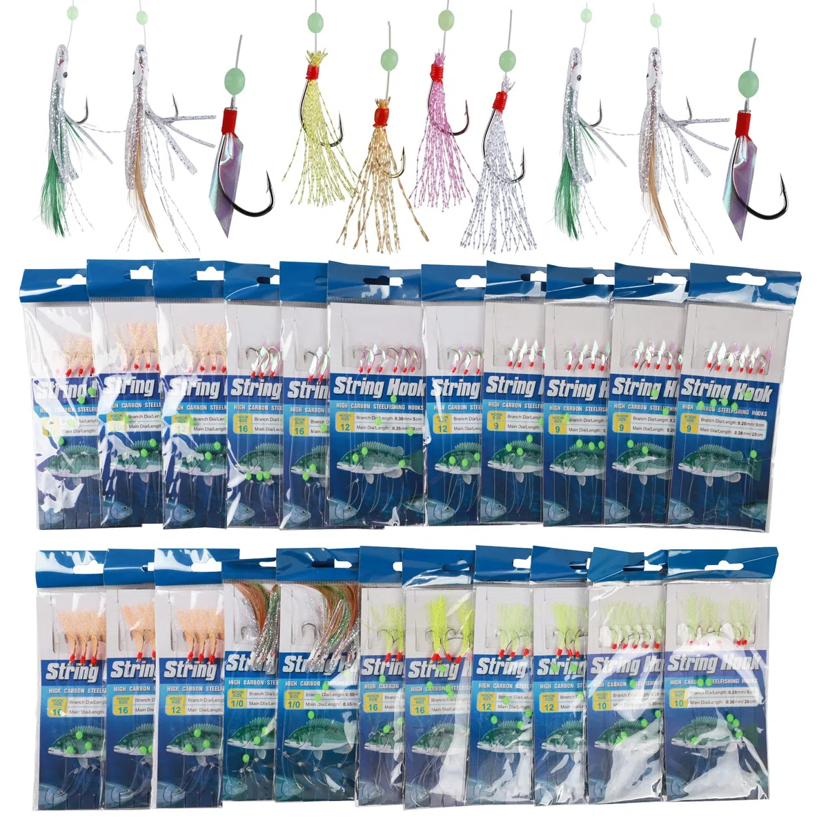 Assortiment de 22 paquets de leurres de pêche avec connecteurs rotatifs à roulement à billes
