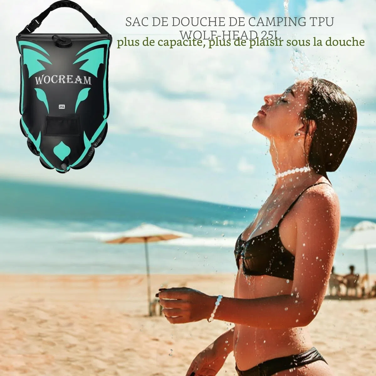 Douche camping en plein air, sac de douche de camping 6,6 gallons/25 L, sac de douche en TPU, grand débit d'eau, douchette à main, douche solaire, douche portable pour camping, plage, sac à dos, bleu