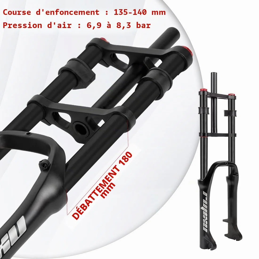 Fourche à pneu 20 x 4,0 pour vélo électrique BMX - Fourche avant conique - Frein à disque droit 120 mm avec réglage d'amortissement - QR 135 x 9 mm - 2,6 kg