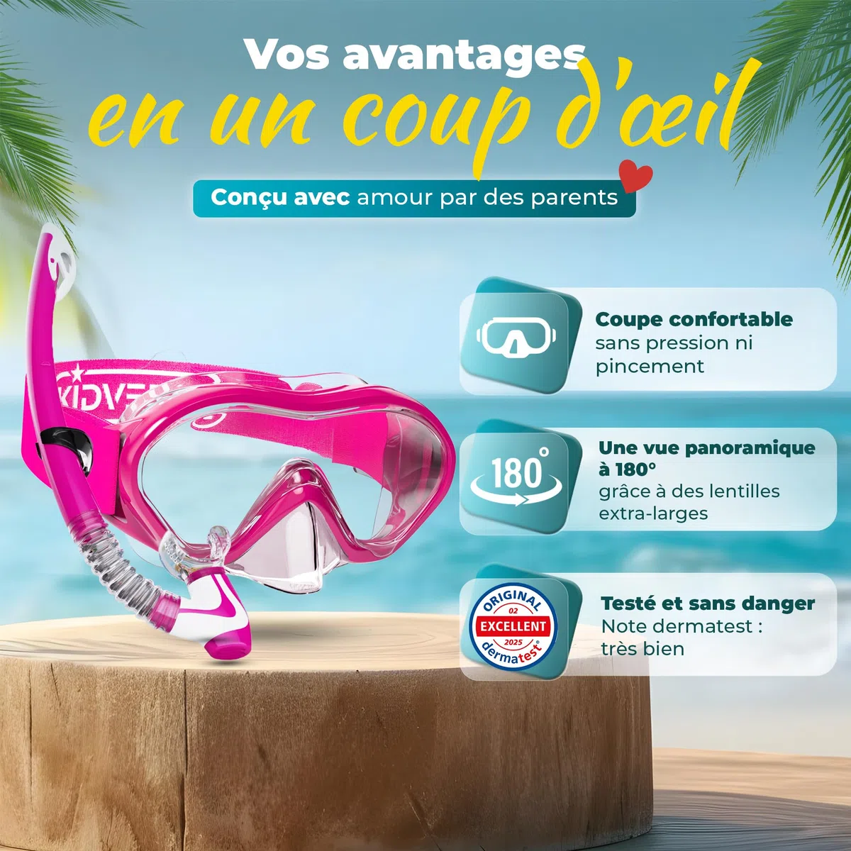 KIDVERSE Masque de plongée pour Enfants avec Tuba - Protection UV et revêtement Anti-buée - Étanche et Confortable pour Les garçons et Les Filles - Qualité certifiée