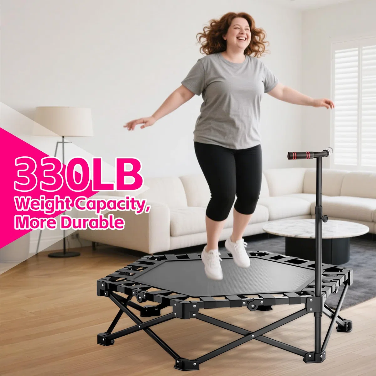 Trampoline d'intérieur pliable avec poignée réglable pour saut de fitness, facile à organiser et à ranger, aucune installation nécessaire, capacité de charge 200 kg