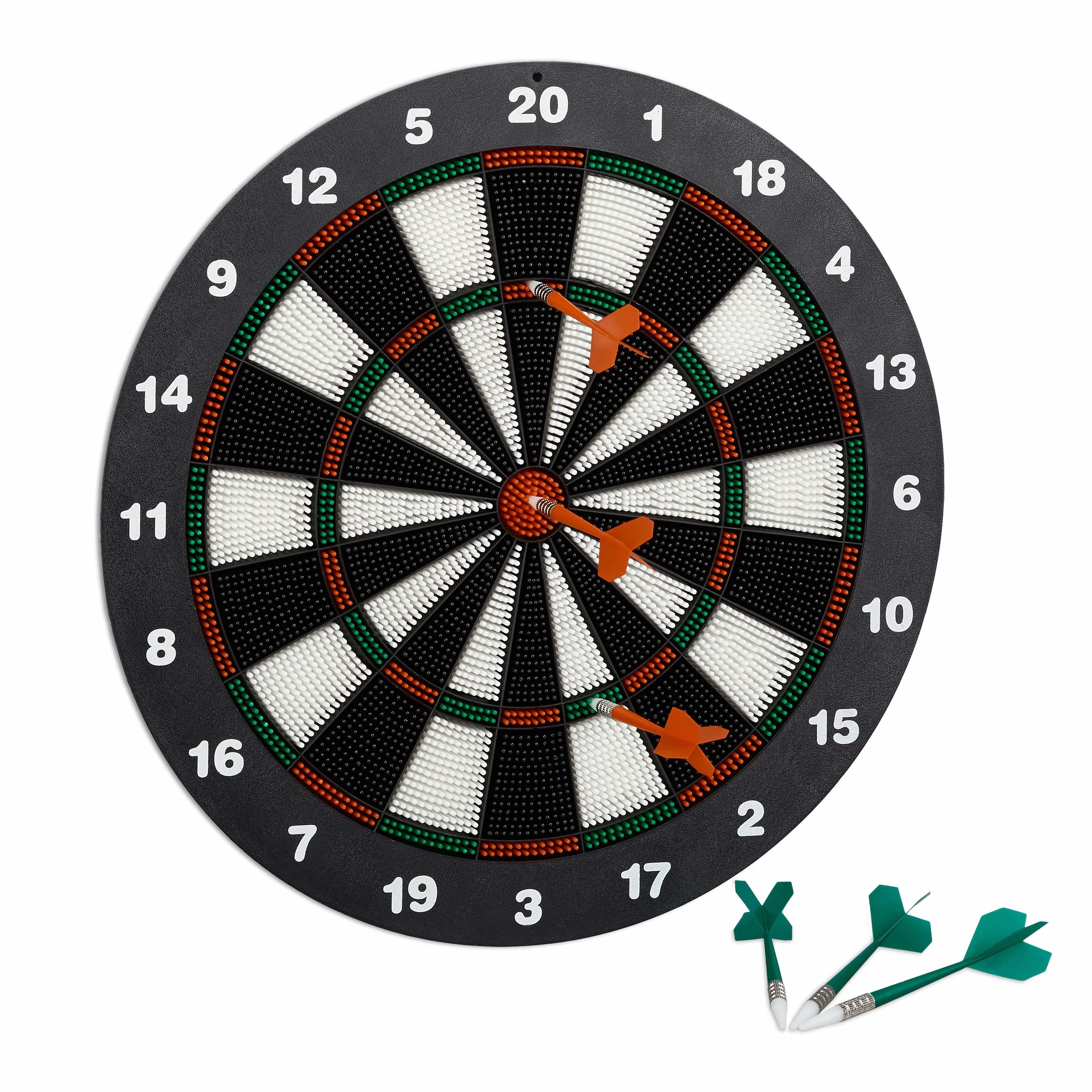 Relaxdays Cible de fléchettes 42 cm avec 6 flèches de sécurité pour Enfants, Support de sécurité, Noir/Blanc
