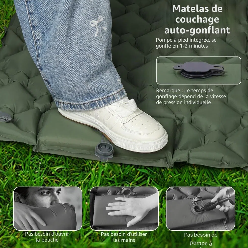 AUYAO Matelas Camping Gonflable, 190x60x5cm Matelas Autogonflant Portable avec Oreiller et Pompe à Pied Intégrée, Tapis de Couchage Matelas Ultra Léger Imperméable pour Tente Trekking Voyage