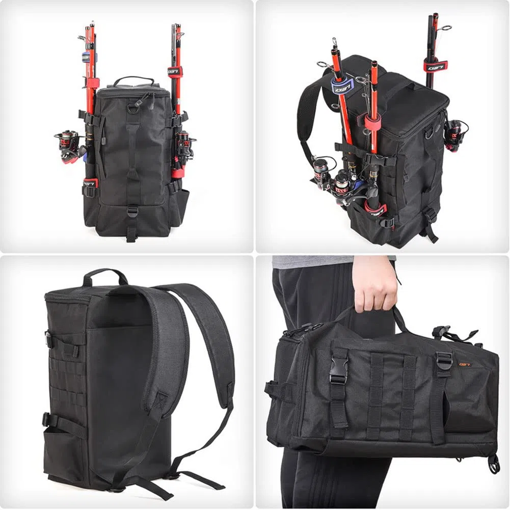 Sac à dos de pêche, 2 supports de canne à pêche, sac à dos sans 4 boîtes, grand sac de rangement de 17,4 l pour matériel de pêche, pêche à la truite, camping, randonnée, noir