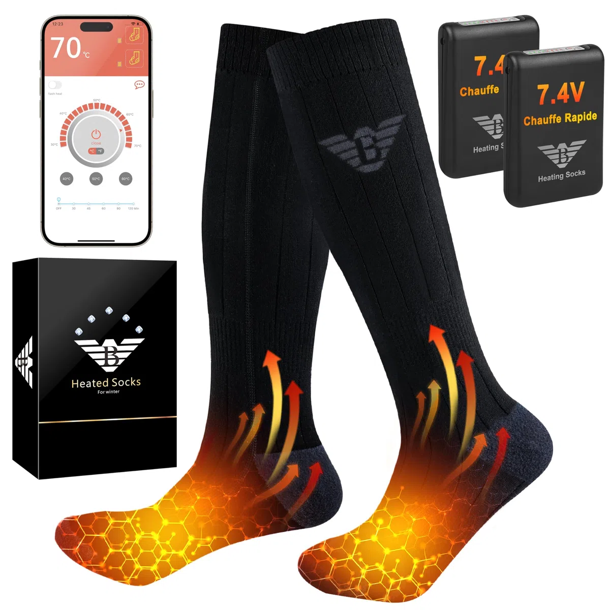 Chaussettes Chauffantes Homme Femme - 7.4V 3000mAh Chaussette Chauffante, Contrôle des APP Chaussette Chaude pour Activités de Plein Air en Hiver