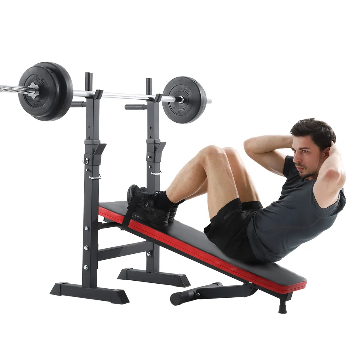 ISE Banc de Musculation Pliable, Banc Musculation Complet Réglable avec Support de Barres pour Haltère et Station à Dips, Bancs de Musculation Réglables, Rack Musculation Homme Sport Maison