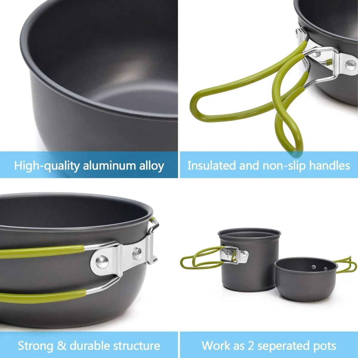 Padarsey O2-3 Batterie de cuisine de camping 1 à 2 personnes avec couteau et fourchette pliants, poêle et poêle portables, randonnée pour pique-nique et camping
