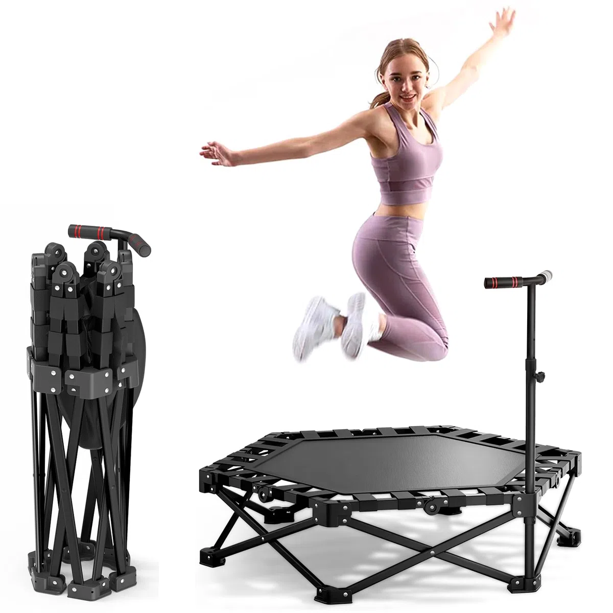 Trampoline d'intérieur pliable avec poignée réglable pour saut de fitness, facile à organiser et à ranger, aucune installation nécessaire, capacité de charge 200 kg