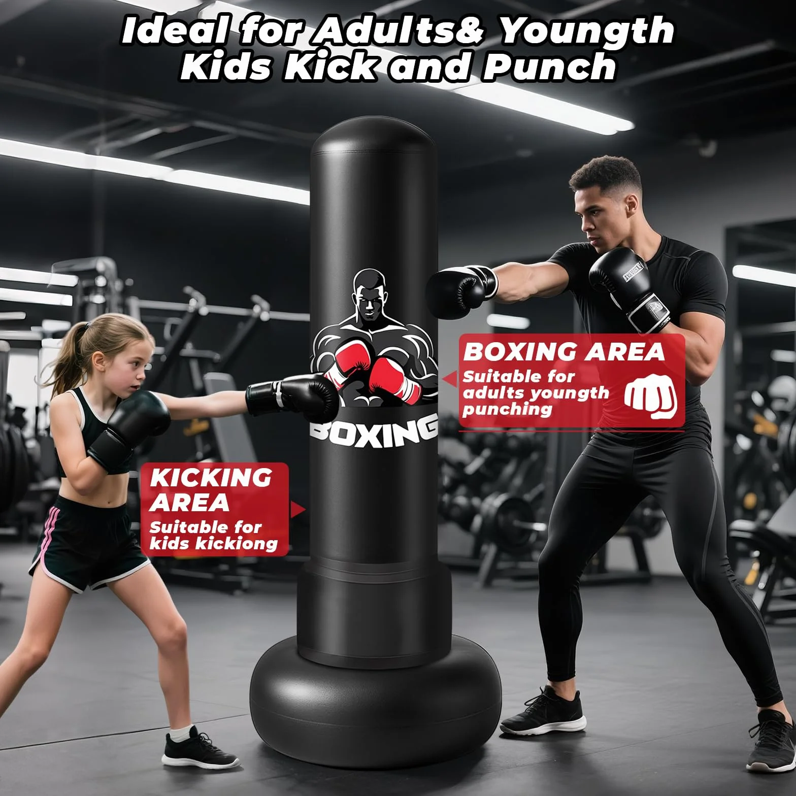 Sac de Frappe Adultes, 180cm Gonflable Punching Ball avec Gants Pompe à Air, Sac de Boxe sur Pied Enfants pour MMA Karaté Fitness Equipement de Boxe Idéal Cadeau Femmes et Hommes