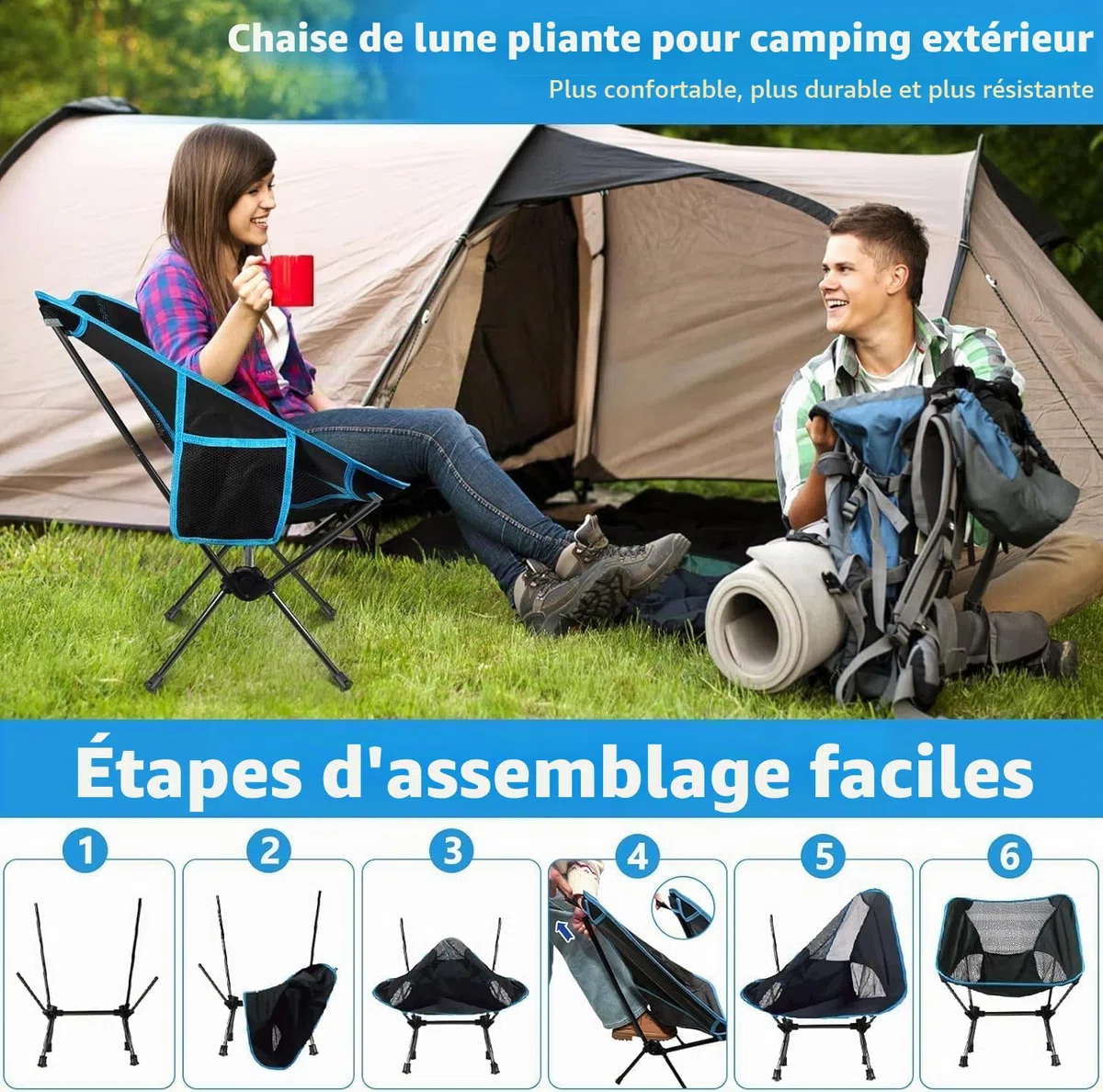 Chaise de Camping Pliable, Chaise Pliante Portable Légère avec Sac de Transport, Charge Maximale 120kg, Ultra Légère Chaise de Plage Pliable pour Les Voyages, Randonnée, Camping, Pique-Nique