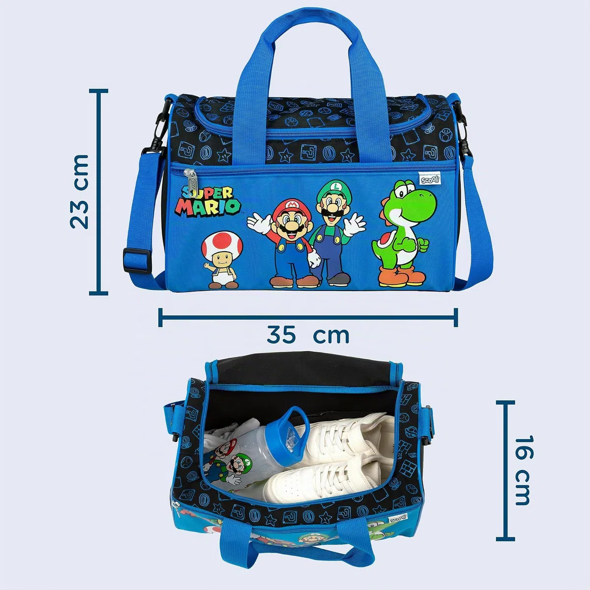 Scooli - Sac de Sport Super Mario pour Enfants - 23 x 35 x 16 cm - Compartiment Principal spacieux - bandoulière réglable - Accessoires pour l'école - Sac à bandoulière