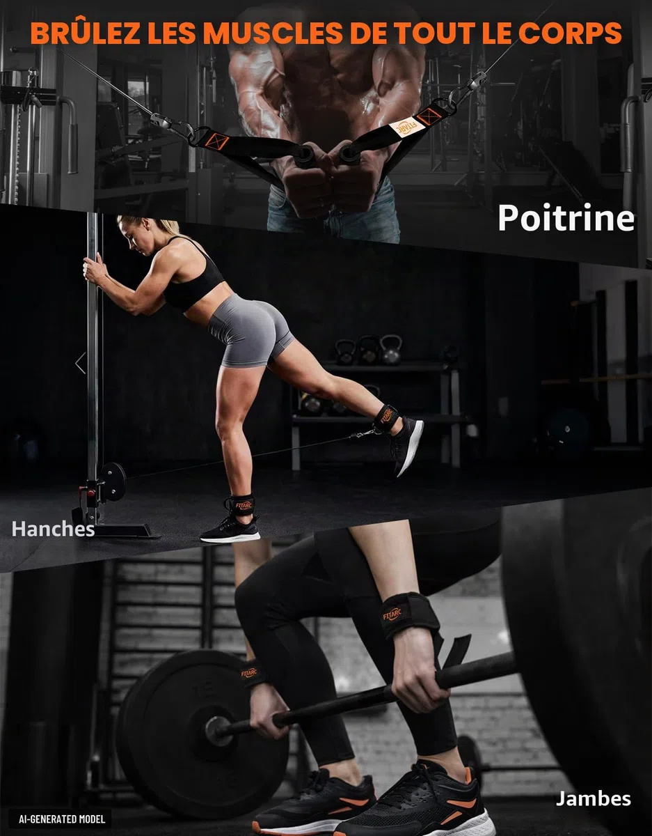 Set d'attaches pour machine à câble Fitarc pour gym à domicile, attaches pour traction LAT et triceps avec poignée en D, barre en V, corde pour triceps, barre droite, poignées étriers, sangles pour