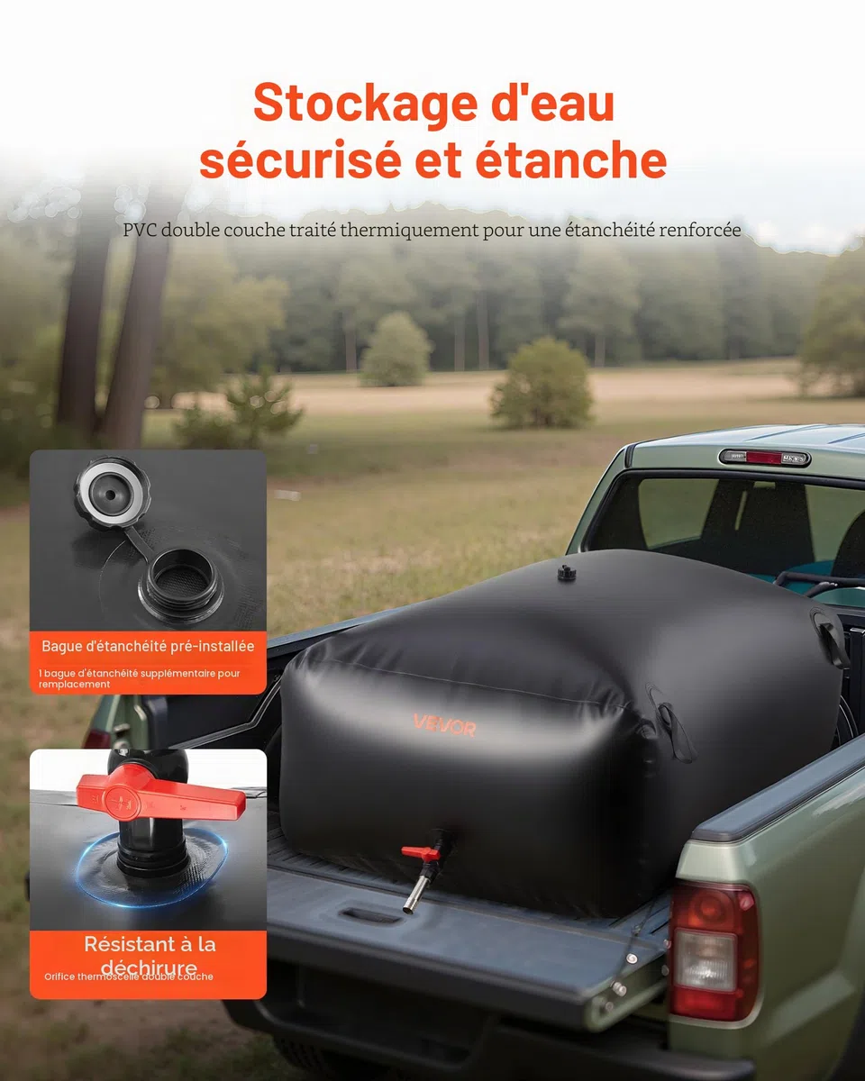 VEVOR Réservoir d'Eau Souple 540 L, Vessie de Stockage Eau Pliable, Sac Conteneur d'Eau PVC Grande Capacité, pour Irrigation Jardin, Camping, Camping-car, Utilisation Extérieur, Stockage Urgence, Noir