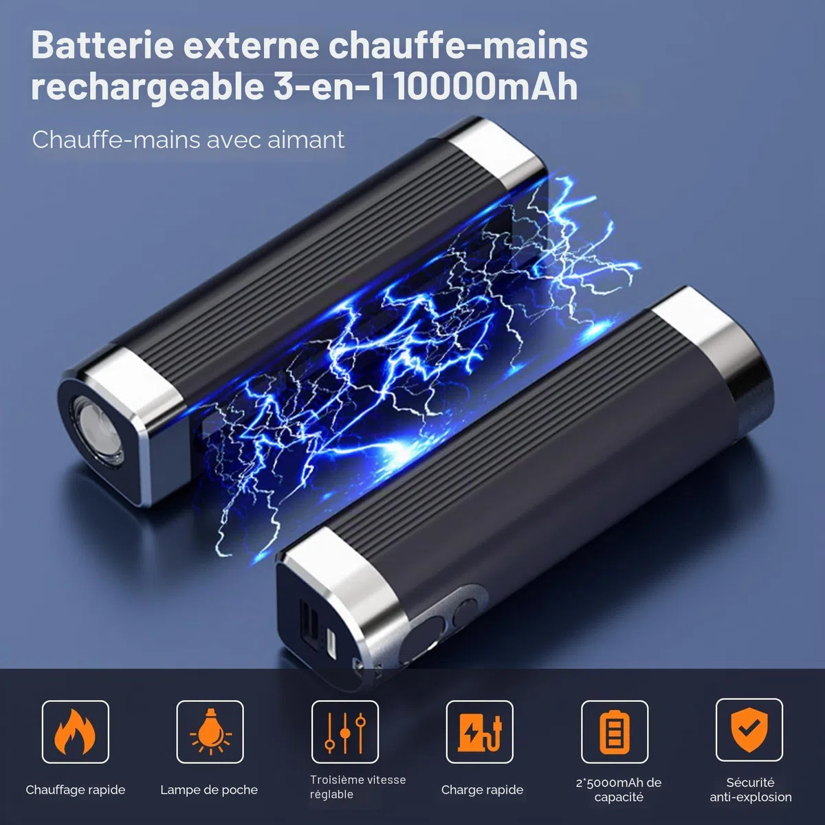 Chauffe-mains rechargeable 10 000 mAh - Chauffe-mains électrique magnétique 3 en 1 - Fonctionne avec piles USB - Avec 3 niveaux de chaleur - Cadeau d'hiver pour femme, homme, famille, camping.