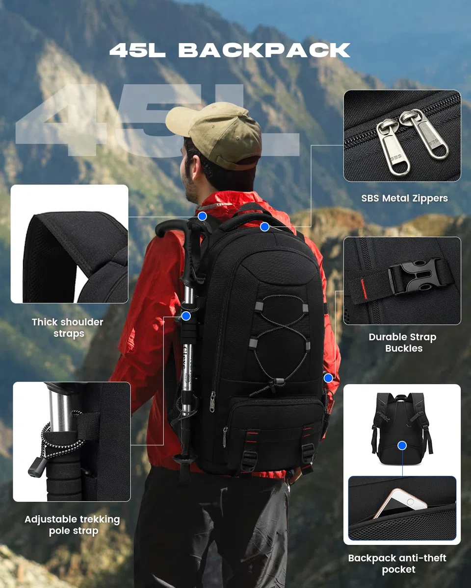 Sac à Dos Voyage, 45L Randonnée Imperméable Grande Capacité Sac à Dos Ordinateur Portable 17.3 Pouces Trekking Homme Femme pour Le Sports en Plein Air Camping -Noir