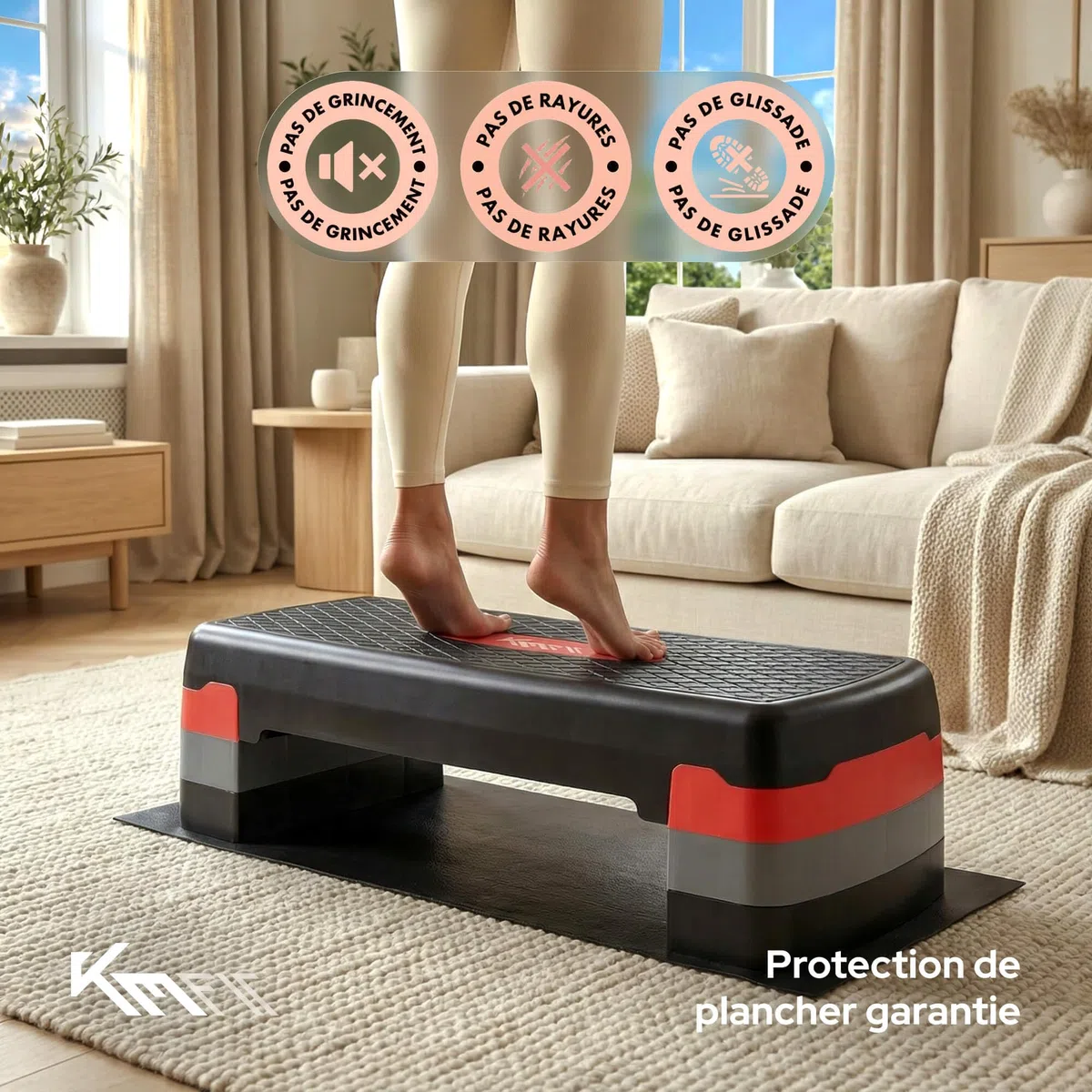KM-Fit Stepper de fitness | Step d'aérobic pour la maison | Step-Bench réglable en hauteur sur 3 niveaux | Charge maximale : 200 kg | Gymnastique Home Stepper avec tapis antidérapant | Banc matelassé
