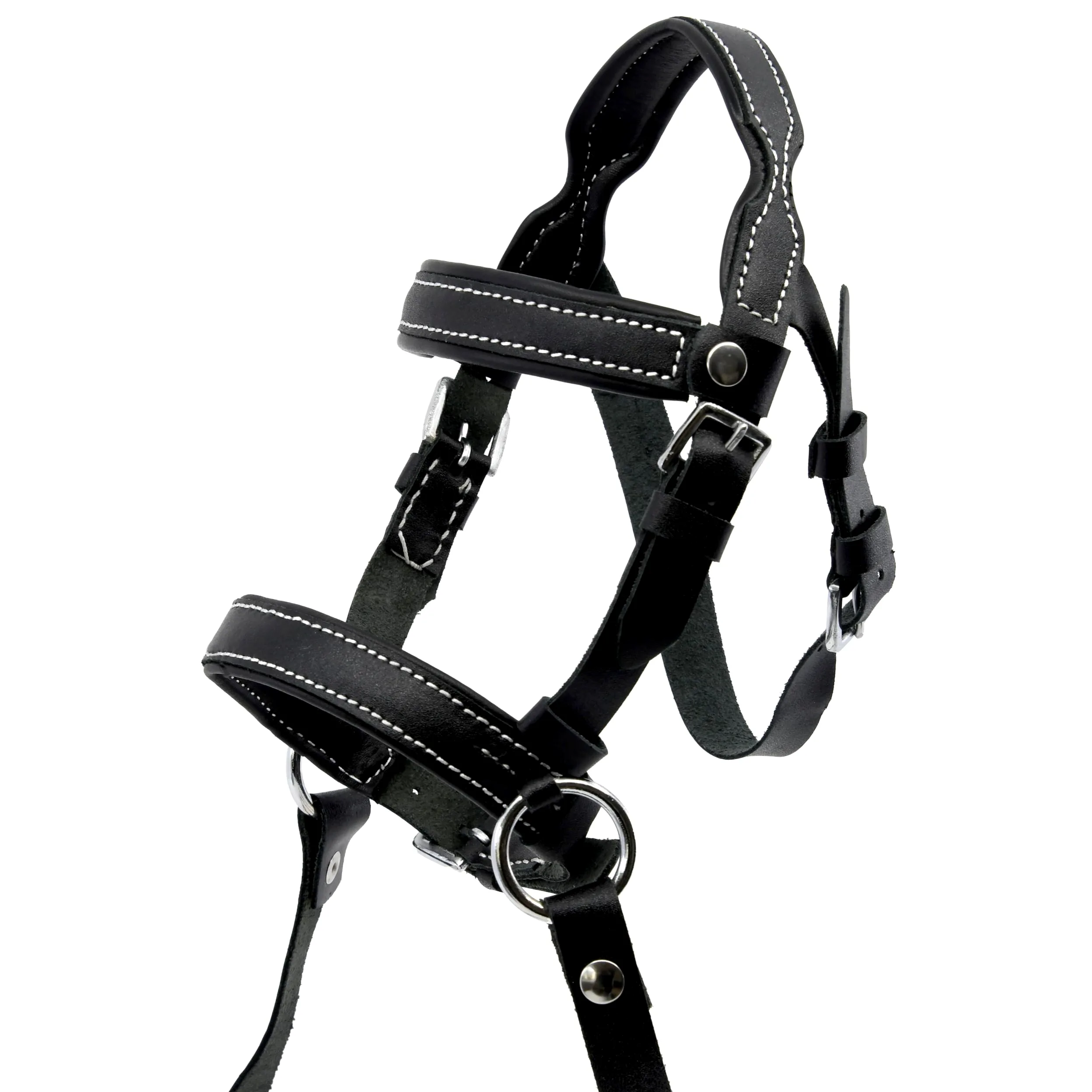 Hobby Horse Filet bridon éthologique Noir pour Hobby Horse Taille A3 et A4. Réglable par Boucle. Cuir synthétique surpiqué de Coutures Blanches