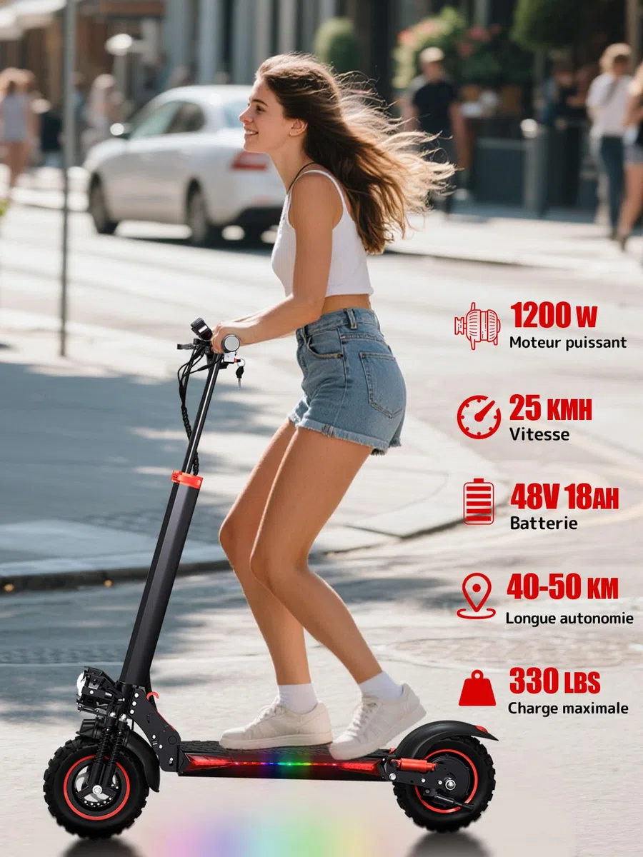 Trottinette Électrique Adulte 1200W Moteur, Autonomie 45-55KM Batterie 48V 18Ah Trotinette Electrique Pliante Portable, Roues 11" Tout Terrain Double Suspension Frein à Disque Double Escooter