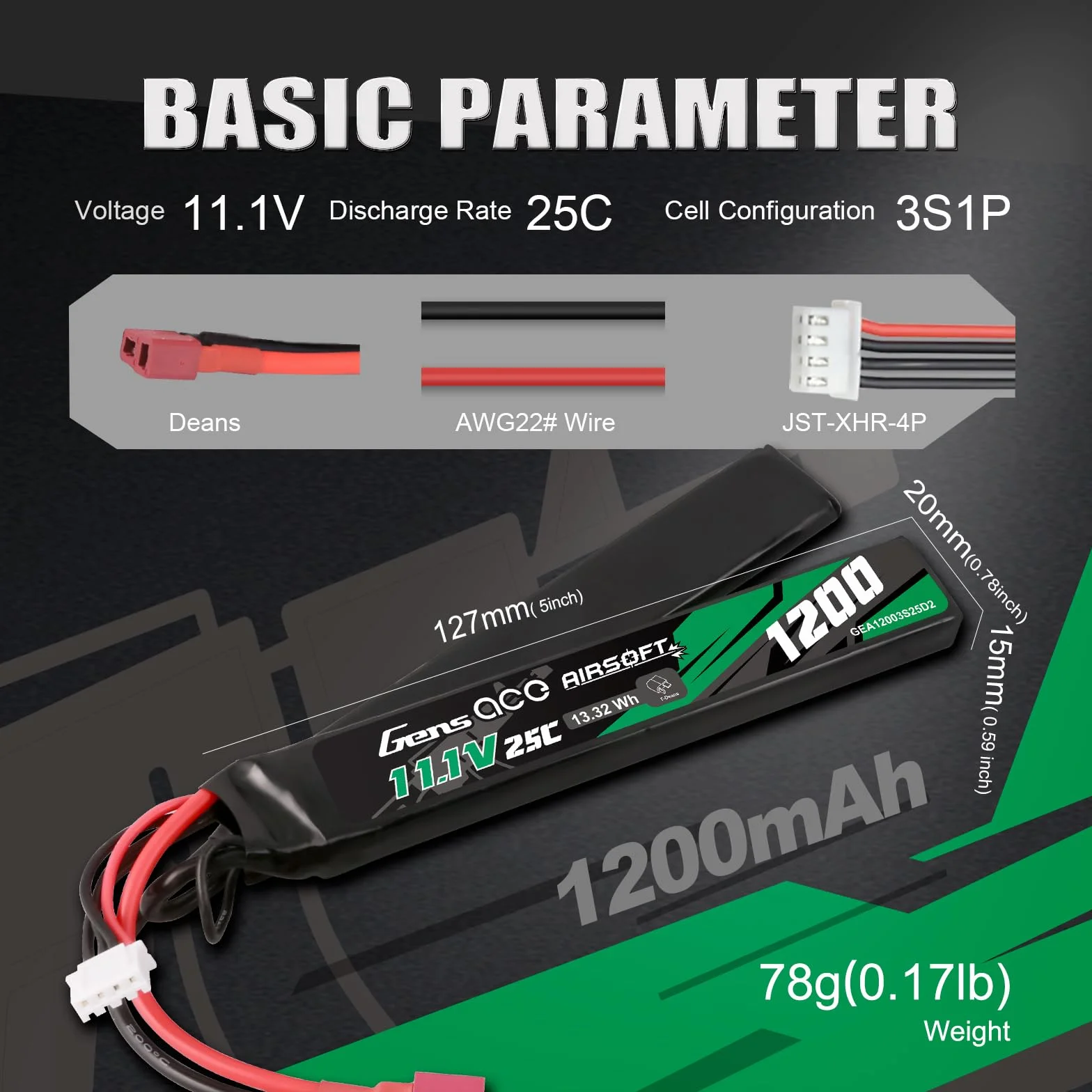 Gens ace 3s Batterie Lipo 11,1V 1200mAh 25C 3S1P 2X Nunchuck avec Connecteur T Deans, pour Répliques Airsoft AEG