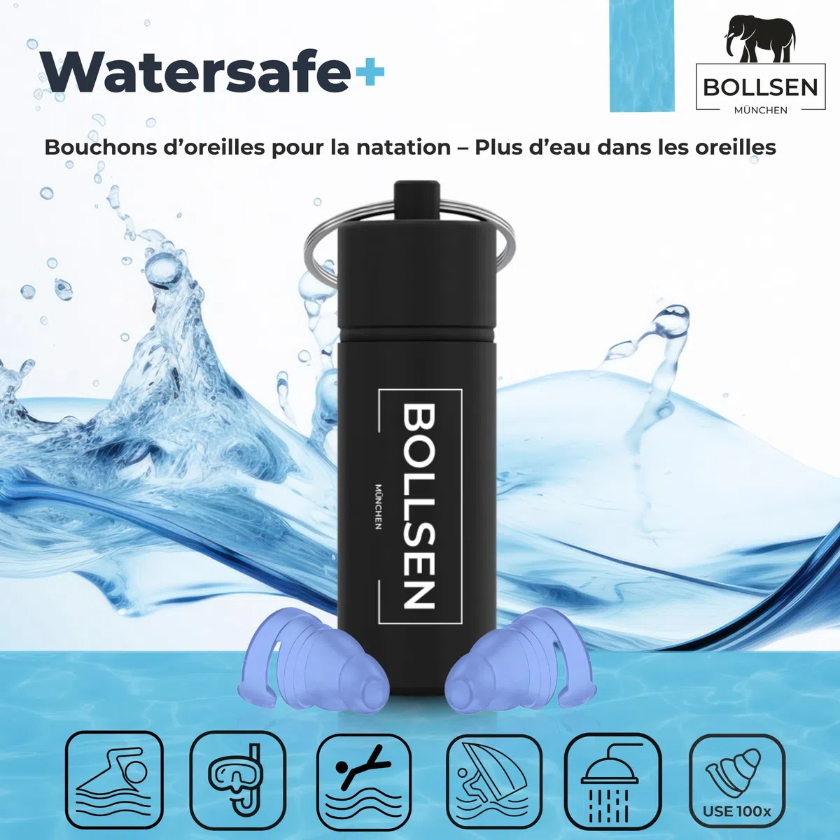 BOLLSEN Watersafe+ Bouchons d’oreilles de natation pour adultes – Bouchons en silicone réutilisables pour natation, douche, bain et sports nautiques – Étanches avec réduction du bruit 24 dB SNR (1)