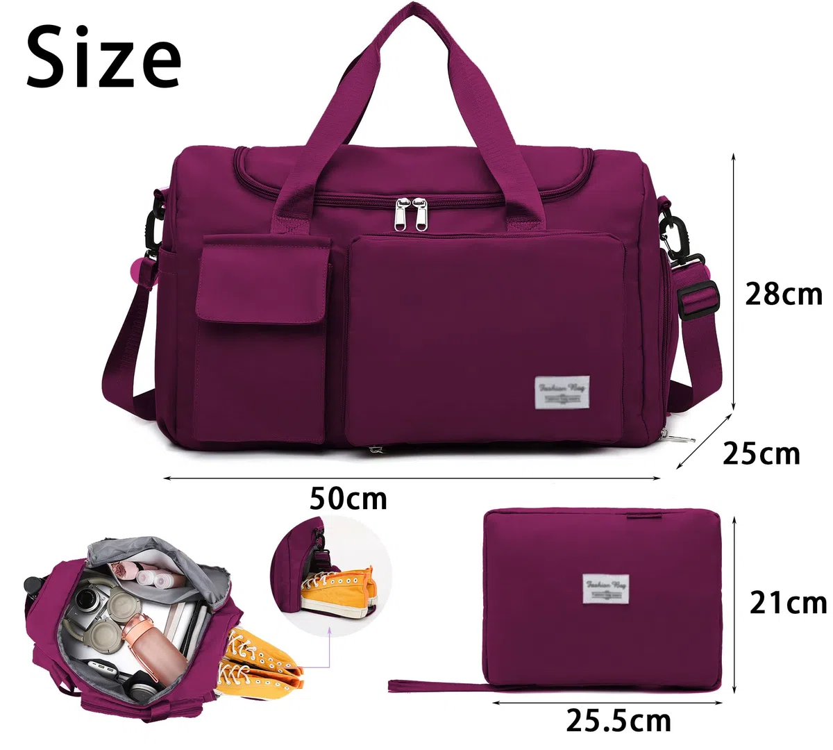 Sacs de Sport Femme, Pliable Sac de Voyage avec Compartiment Chaussure y Poche Humide, Grande Capacité Sac de Fitness, Imperméable Sac à Gym Sport Léger Sacs de Week-End Bag, Mauve