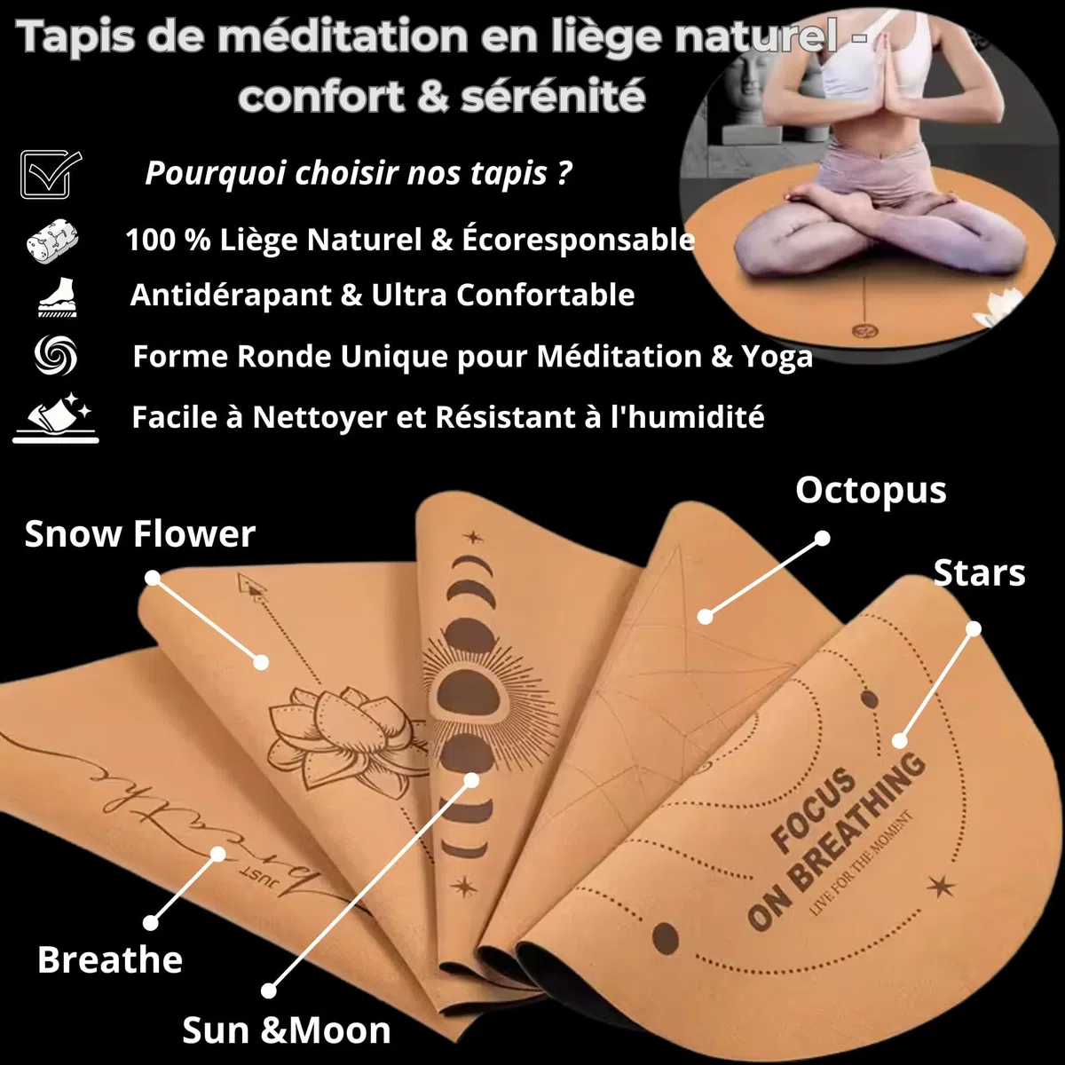 Tapis de yoga rond en liège naturel – 68 cm, 5 mm épaisseur – Antidérapant, écologique et confortable – Base en caoutchouc naturel – Motif gravé au laser – Idéal pour yoga, méditation, pilates