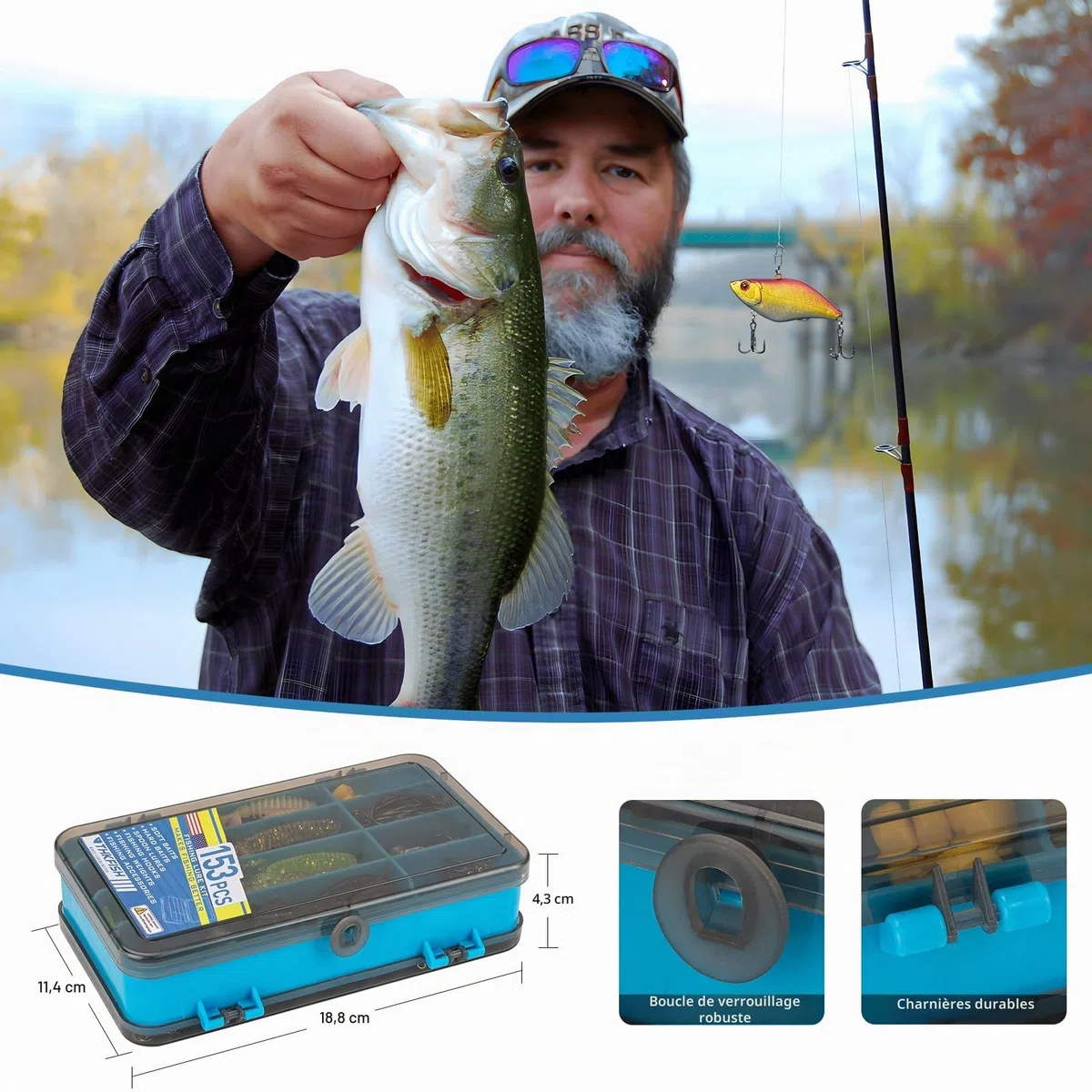 THKFISH Kit de leurres de pêche, boîte de 153 pièces avec matériel inclus Crankbaits, Spinner, cuillère, crochets lestés et autres accessoires pour bar, truite, eau douce et eau salée, cadeau pour