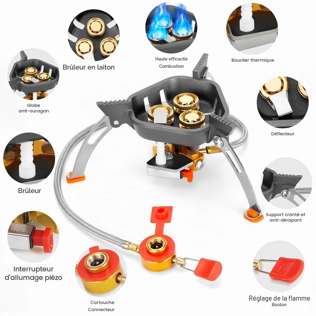WADEO Réchaud de Camping, 7200w Résistant Au Vent Réchaud à Gaz de Camping Avec Allumage Piézo et Adaptateur de Butane, Réchaud Portable et Pliable Pour L'extérieur, Randonnée et Pique-nique, HG0328B