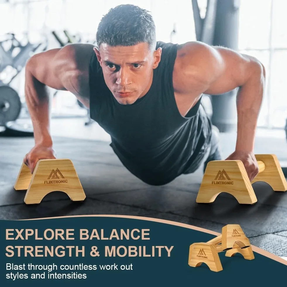 Flintronic Poignées de Pompe Bois, Parallettes en Bois, Barres Parallèles Antidérapantes, Push Up Bar pour intérieur et extérieur, pour la Calisthenics, Gymnastique, Fitness, Musculation