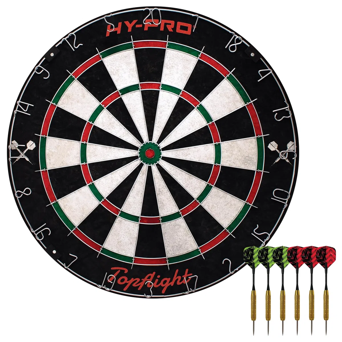 Hy-Pro Topflight Cible de fléchettes professionnelle avec surface en sisal, sans agrafes, fil mobile, 6 fléchettes à pointe en acier de 18 g, kit de montage mural, utilisation en intérieur ou en
