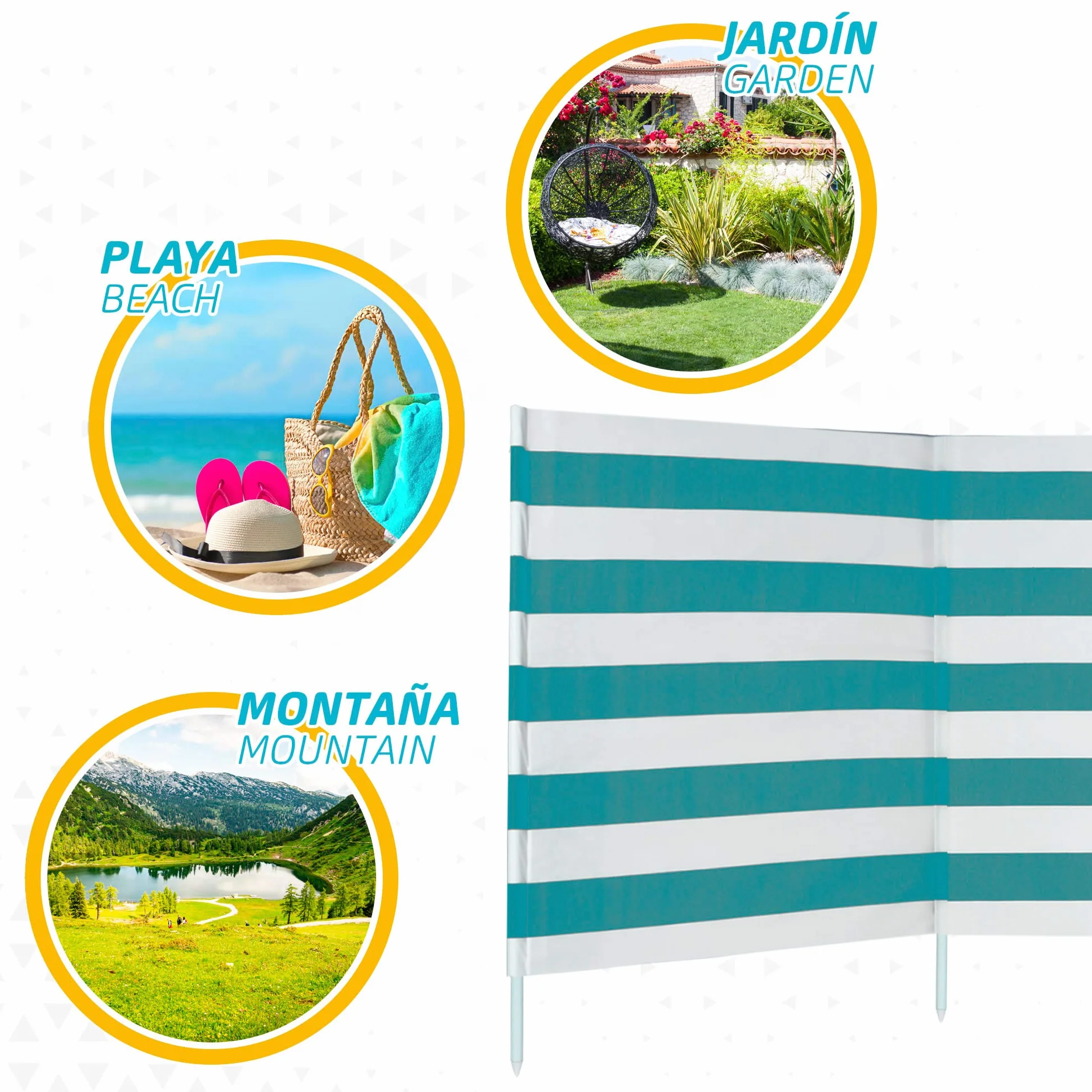 AKTIVE Beach - Paravent Plage en Polyester avec Tiges en Acier, Paravent Extérieur 2 Places, Polyester, avec Sac de Transport, 480 X 84 cm, Bleu Lisse ou Blanc avec Rayures Vert Eau