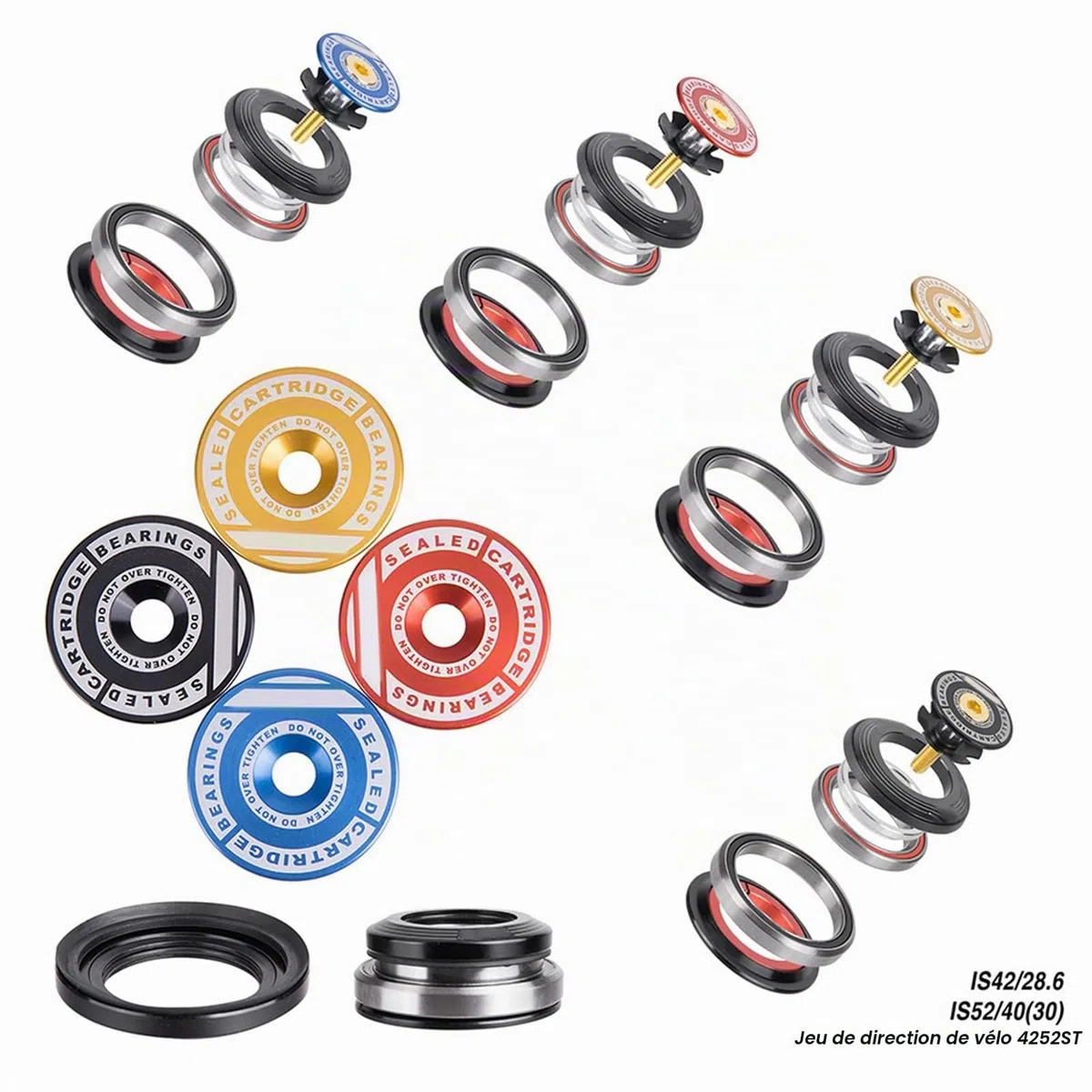 Roulements de Casque de Vélo 42/52 mm Casque Direction de Vélo en Alliage D'aluminium pour Fourches à Tube Conique de 1-1/8 Pouce ou 1-1/2 Pouce