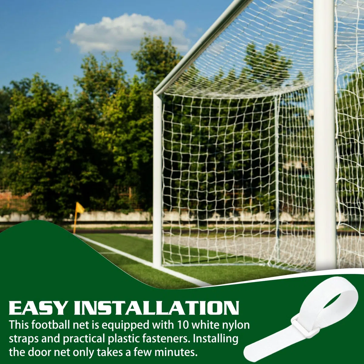 Filet de rechange pour but de football : 3 x 2 m Filet de but pour entraînement de football avec 10 sangles en nylon blanc (2,5 x 40 cm), filet de but futsal – But non inclus (blanc)