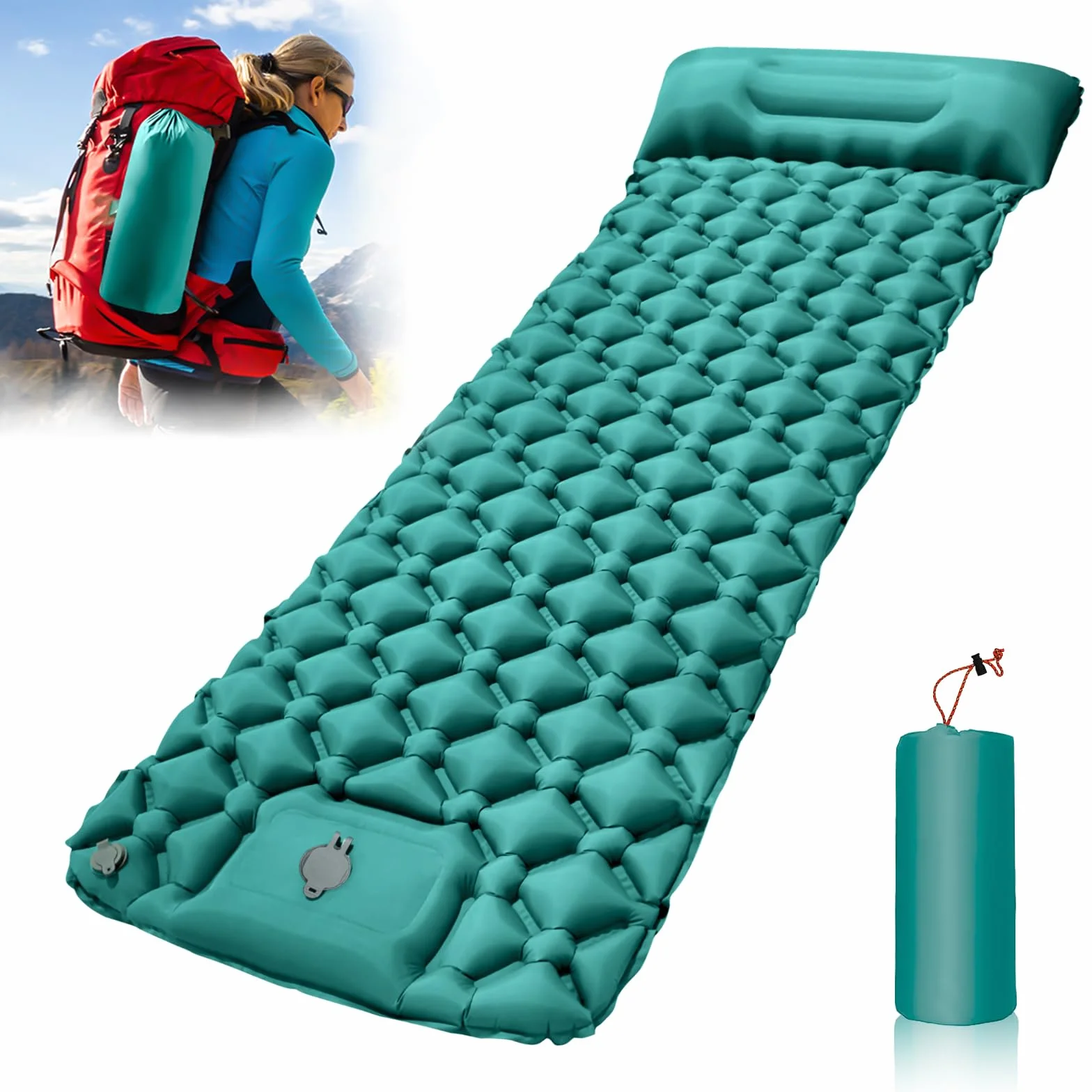 Tapis de Camping Gonflable Ultraléger avec Oreiller, Matelas de Camping Autogonflant avec Pompe à Pied, Portable Tapis de Matelas Pneumatique pour Plage, Aventures en Plein Air